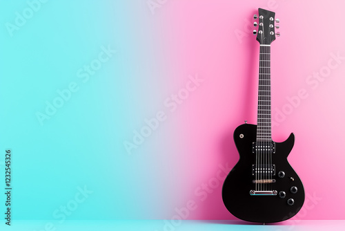 Electric guitar stands prominently against a soft pastel background creating an interesting visual contrast. The calming colors and clean lines evoke artistic inspiration
