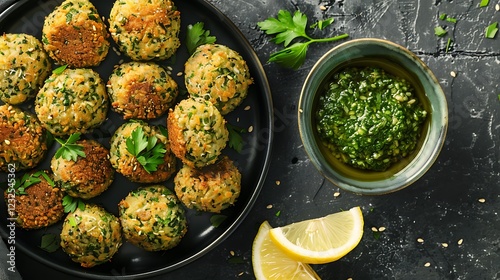 Fototapeta Naklejka Na Ścianę i Meble -  Delicious Falafel Bites with Zesty Pesto and Lemon Wedges