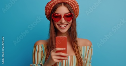 Young woman enjoying summer vibes while taking selfies with her smartphone in...