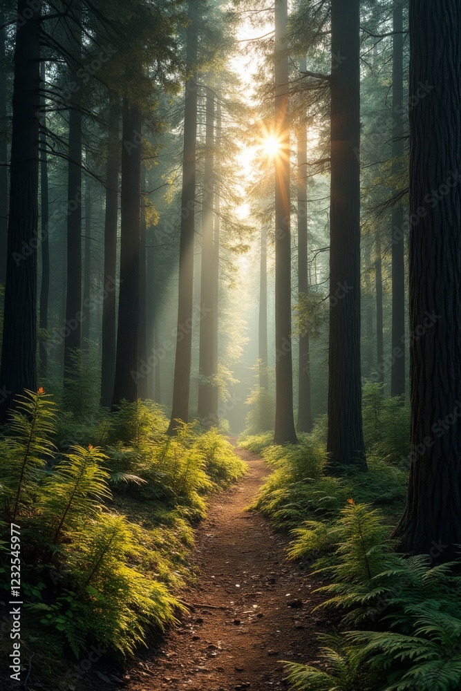Obraz premium Scenic forest path illuminated by golden sunlight filtering through tall trees, creating a peaceful and mystical atmosphere