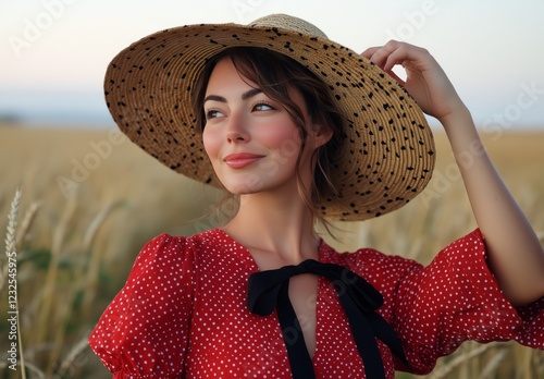 Young woman in a straw hat poses in a field during golden hour