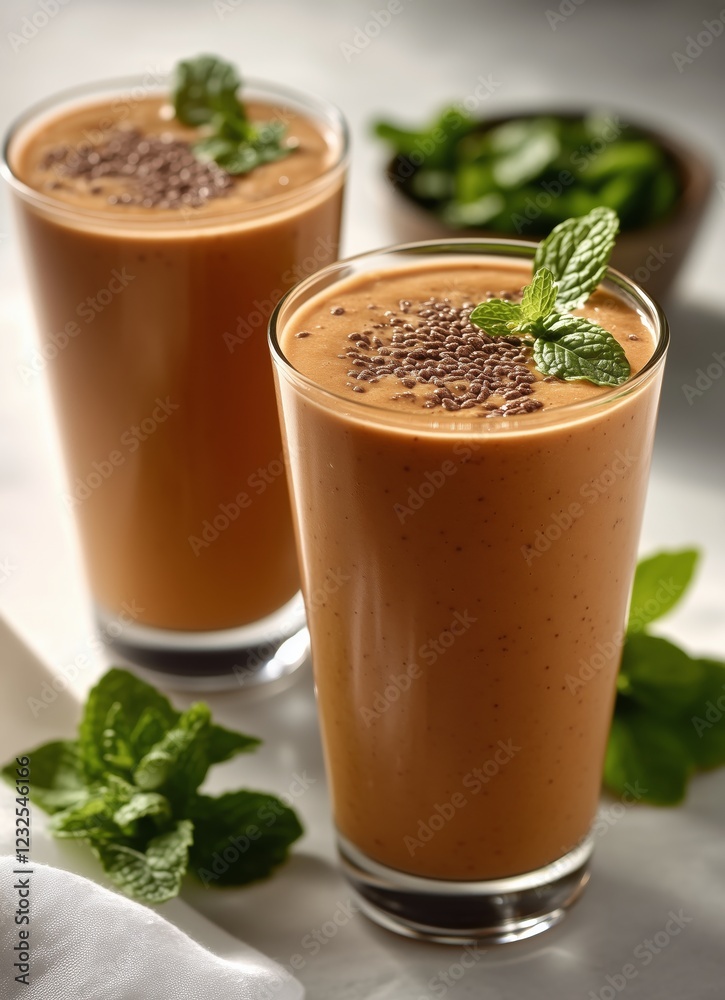 Refreshing chocolate mint smoothies served in glasses with mint leaves on a light backdrop