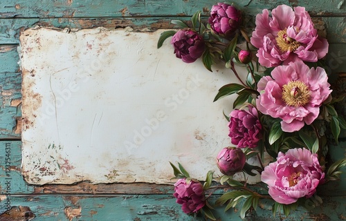 Fresh peonies arranged on vintage wooden background for creative inspiration