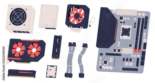 Computer parts. Modern elements for assembling a powerful fast personal computer. Assembling and upgrading a computer. Vector illustration