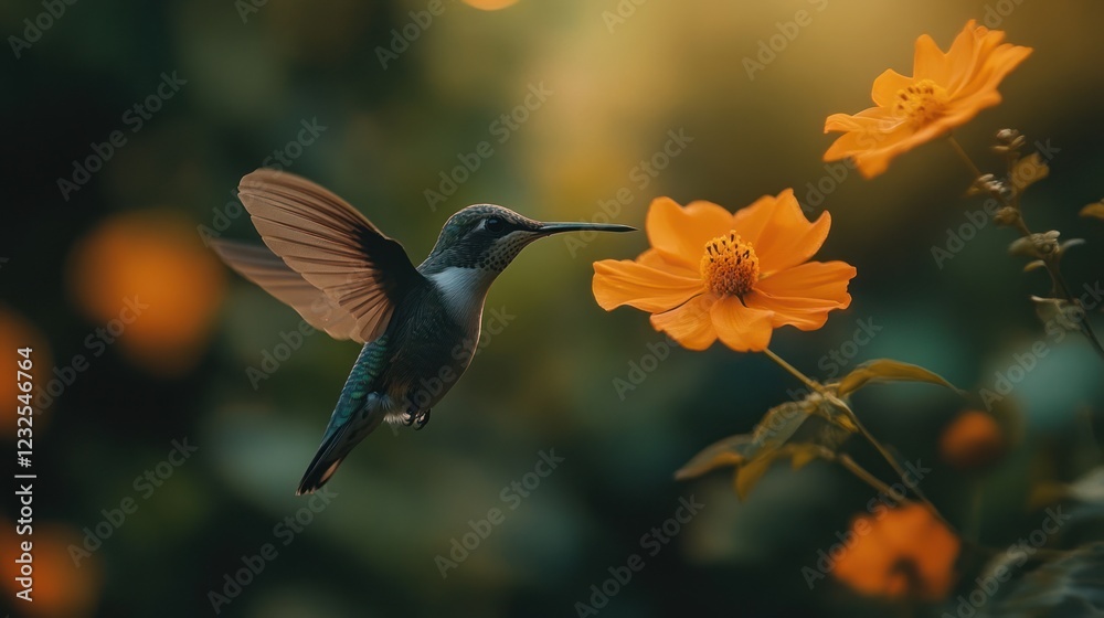 Fototapeta premium Hummingbird and Cosmos Flowers in the Golden Hour
