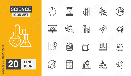 Science icon set. Research, atom, experiment, laboratory, brain, analysis and more line icon.