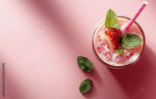 Fresh berry smoothie garnished with mint on a pastel pink surface at daytime