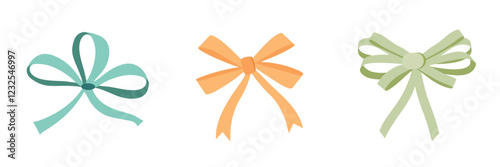 Set of colorful bows in flat style. Satin ribbon bows for Christmas presents, gift cards and luxury packaging isolated on white background. Vector illustration. Vector illustration