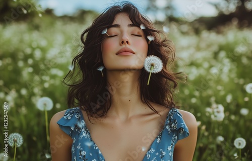 Young woman enjoying a peaceful moment in a dandelion field on a sunny day
