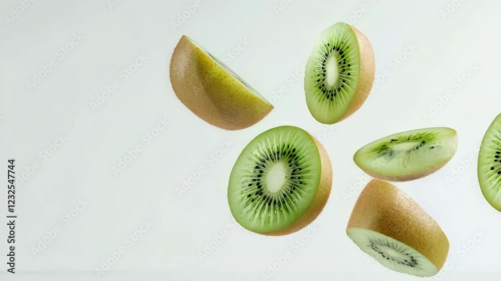 Several slices and halves of kiwi fruit are levitating against a minimalist white background, creating a dynamic and visually appealing composition that emphasizes freshness and vibrancy