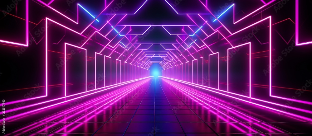 Neon-lit futuristic corridor with glowing lines and a bright exit, creating a surreal atmosphere Neon-lit futuristic corridor with glowing lines and a bright exit, creating a surreal atmosphere