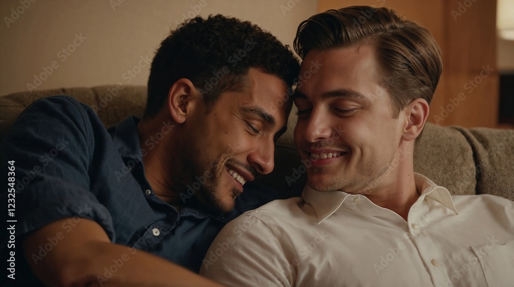 Obraz premium Happy gay couple sharing intimate moment at home