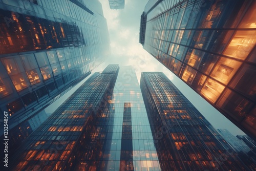 Wallpaper Mural Looking up at glass skyscrapers in an urban setting with reflections under a cloudy sky Torontodigital.ca