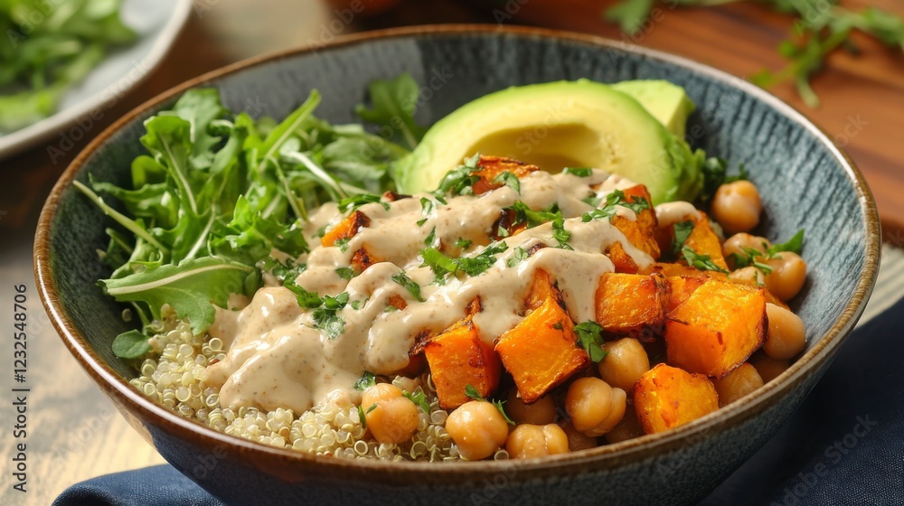 A colorful vegetarian dinner bowl with quinoa, roasted sweet potatoes, chickpeas, avocado, and a tahini drizzle, served with a side of fresh greens. A colorful vegetarian dinner bowl with quinoa, roasted sweet potatoes, chickpeas, avocado, and a tahini drizzle, served with a side of fresh greens.