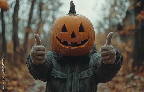 Costumed figure with pumpkin head giving thumbs up in autumn forest