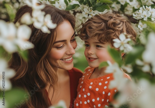 Joyful moment between mother and child surrounded by blooming flowers in a ga...