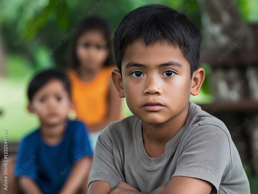 Young boy sits thoughtfully, other children blurred in background. Young boy sits thoughtfully, other children blurred in background.