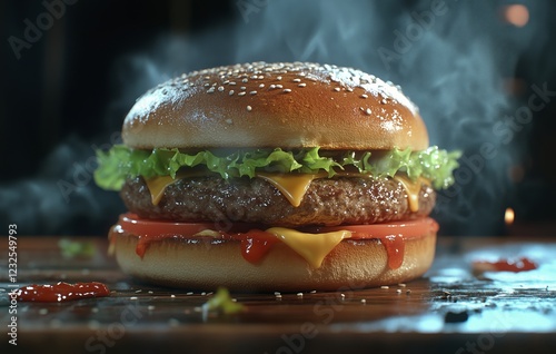 Juicy hamburger with fresh lettuce and melted cheese on a wooden table in a c...
