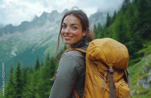 Enjoying a mountain hike with a backpack in a lush green forest setting