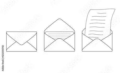 The process of receiving a message is a closed envelope, an open envelope with a letter, taking out the letter from the envelope. Download process - vector linear image metaphor. Three envelopes	