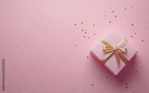 Delicate pink gift box with golden ribbon and scattered confetti on soft pink...