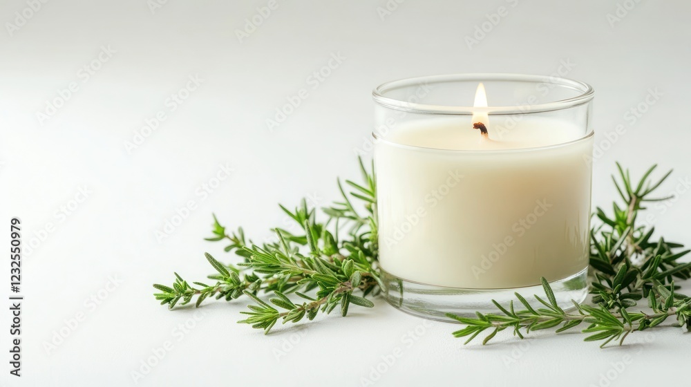 Lit candle with rosemary sprigs on white background; relaxation, spa, wellness Lit candle with rosemary sprigs on white background; relaxation, spa, wellness
