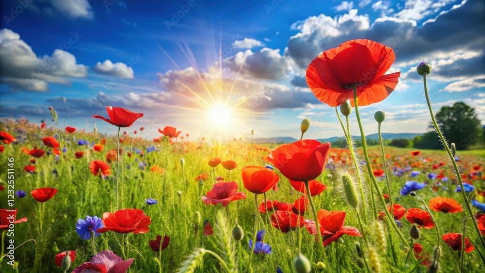 Fototapeta premium Sunny field with vibrant red poppies swaying gently in the breeze amidst lush green grass and wildflowers, surrounded by a blue sky on a warm summer day , Sunshine, Floral Field
