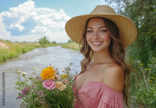 Young woman holding flowers by a river on a sunny day with clouds in the sky