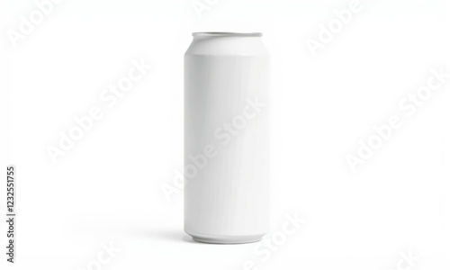 blank white can standing upright on white background, ideal for branding or mockup designs. Perfect for showcasing beverage concepts or packaging ideas