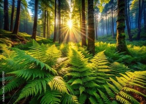 Enchanted forest photography: lush ferns, surreal summer scene, magical nature's fantasy.