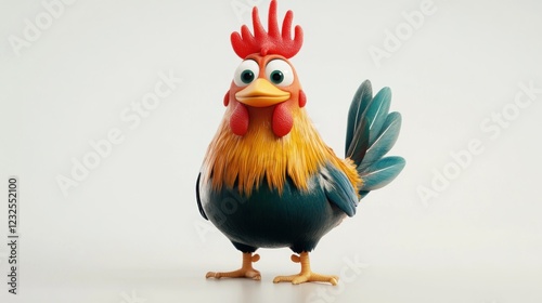Cartoon rooster, farm animal, white background, happy expression, children's book illustration