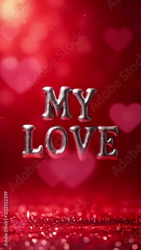 MY LOVE 3D text on red fetive  background with hearts, Valentine's day banner, love, romantic 3D wallpaper, Animated Love greeting card.