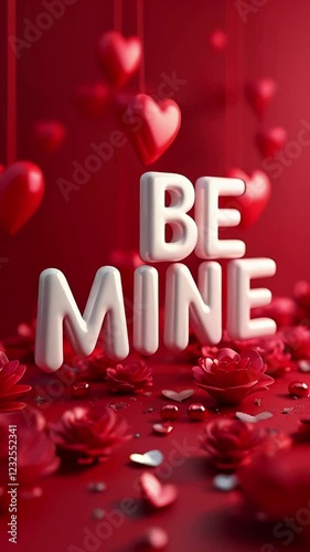 BE MINE 3D white text on festive red background with hearts, Valentine's Day banner, love, romantic 3D wallpaper, Love greeting card