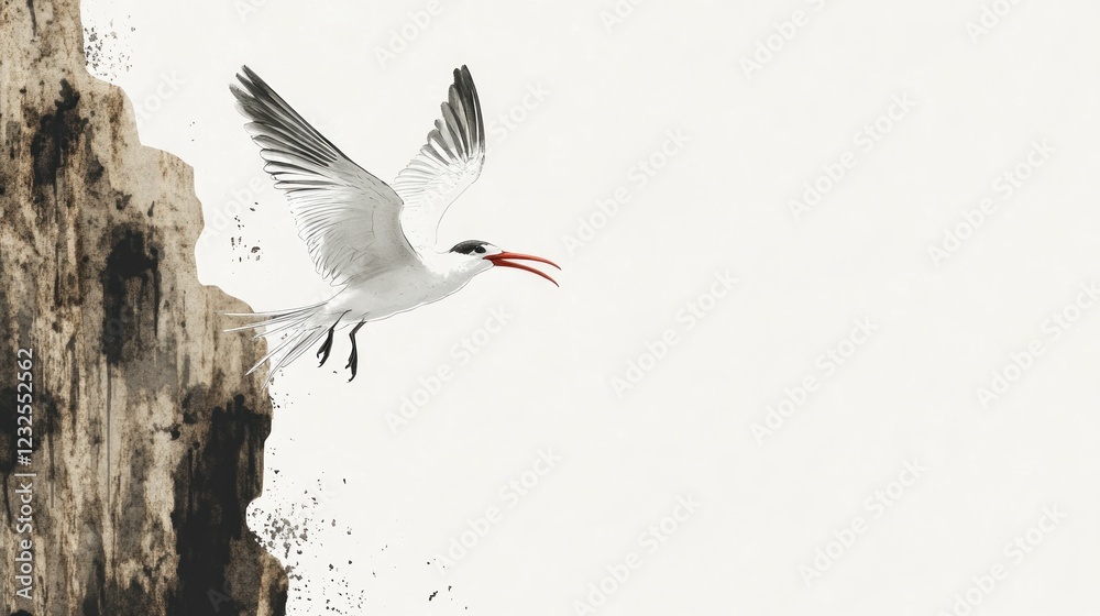 Obraz premium Caspian Tern takes flight from cliff, ocean background; nature illustration