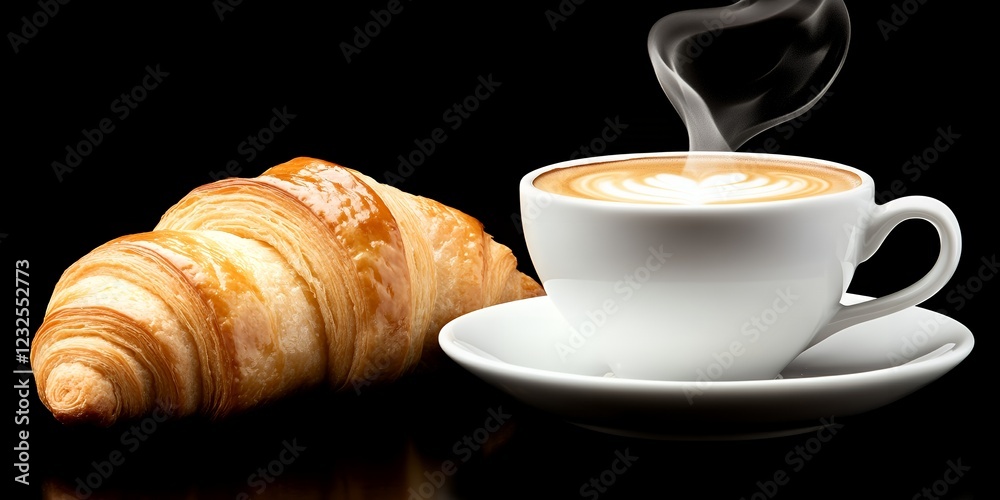 Delicious Buttery Croissant and Steaming Cup of Latte Art Coffee Delicious Buttery Croissant and Steaming Cup of Latte Art Coffee