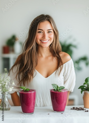 Young woman smiling with vibrant berry smoothies in a bright kitchen setting