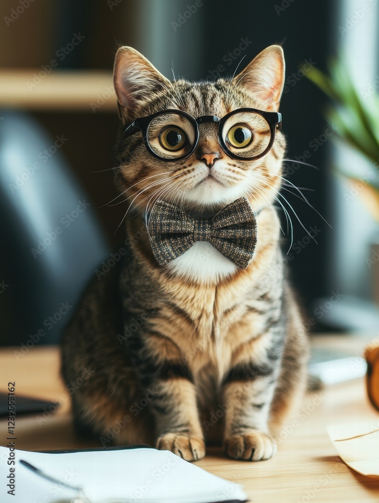 Cat wearing glasses and bow tie sits at a stylish desk with a relaxed expression in a modern office setting. Generative AI