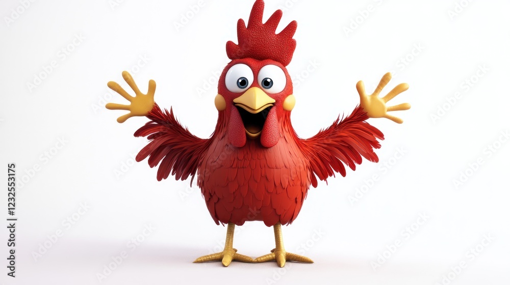 Obraz premium Cheerful cartoon rooster welcoming, white background, greeting