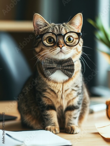 Obraz na płótnie Cat wearing glasses and bow tie sits at a stylish desk with a relaxed expression in a modern office setting. Generative AI w salonie