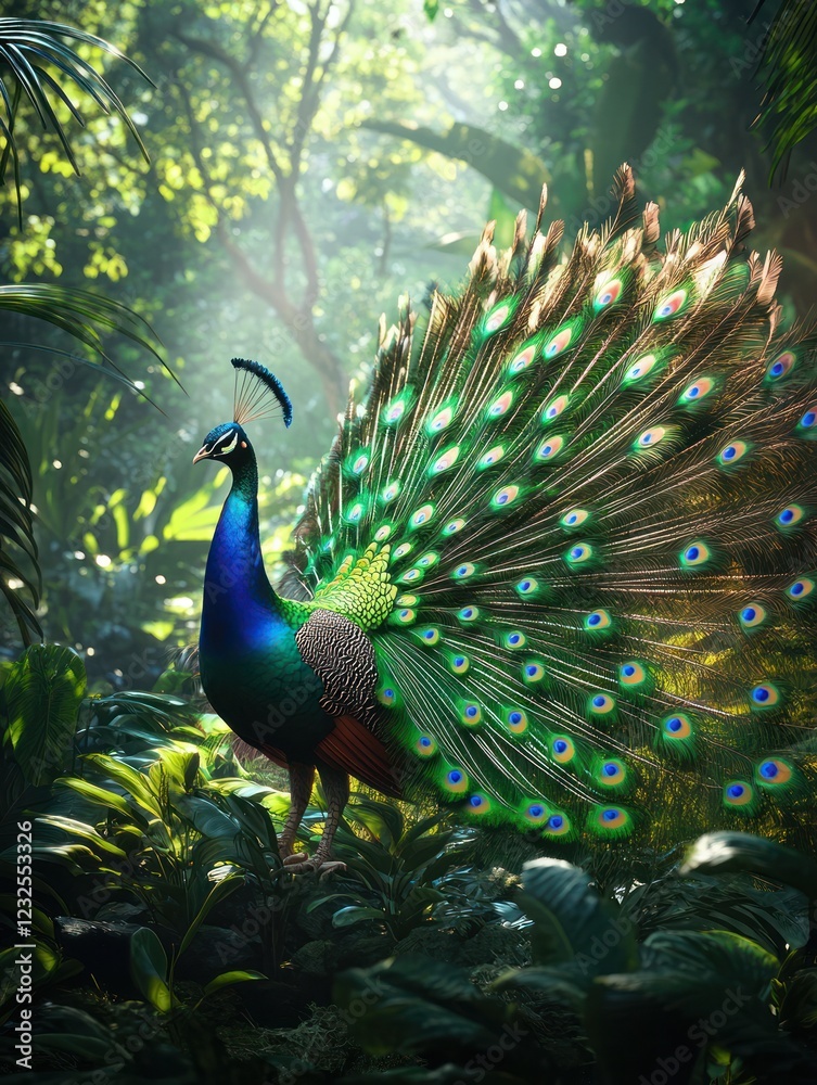 Obraz premium Majestic peacock displaying feathers in lush jungle; nature backdrop, ideal for wildlife documentaries