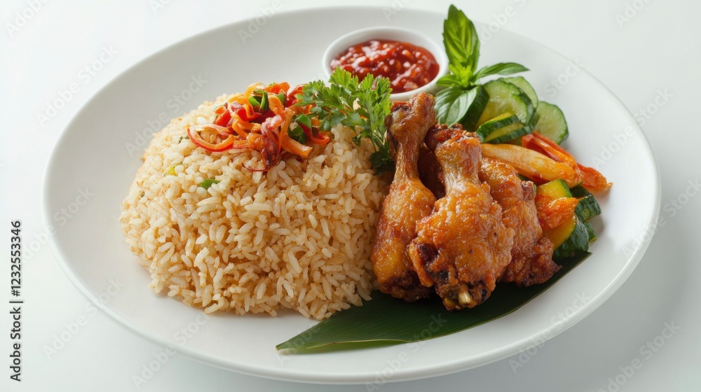 A traditional lunch plate with a serving of fried rice, stir-fried vegetables, and crispy chicken, garnished with fresh herbs, set on a simple white plate. A traditional lunch plate with a serving of fried rice, stir-fried vegetables, and crispy chicken, garnished with fresh herbs, set on a simple white plate.