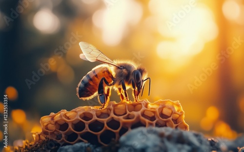 Honey bee collecting nectar from honeycomb during sunset in a natural environ...