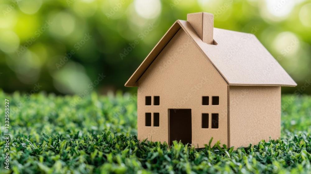 A small cardboard house model sits on green grass, symbolizing home and nature, surrounded by a vibrant, outdoor atmosphere. A small cardboard house model sits on green grass, symbolizing home and nature, surrounded by a vibrant, outdoor atmosphere.