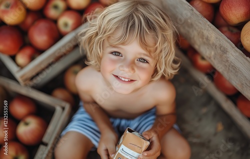 Child enjoying snack among fresh apples in orchard during sunny afternoon