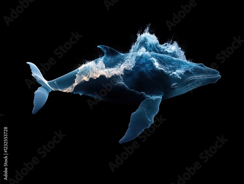 A stunning digital artwork of a whale, beautifully blended with ocean waves, set against a black background. photo