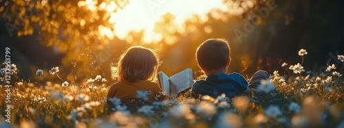 Children reading books in a sunny flower-filled field during sunset
