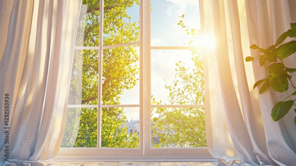 Bright Morning Light Through Window with Soft Curtains and Greenery Bright Morning Light Through Window with Soft Curtains and Greenery