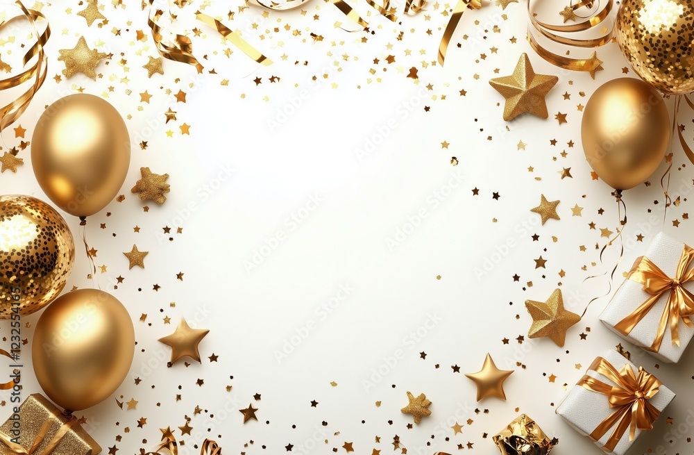 Fototapeta premium Gold themed decorations for a festive celebration with balloons and gifts on a light background
