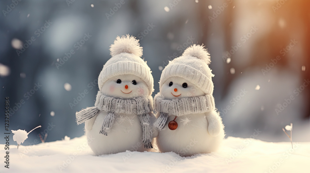 Two Little Snowmen in The Snow With Blurry Background Two Little Snowmen in The Snow With Blurry Background
