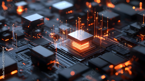Central processing unit, glowing circuits, digital technology, data streams, tech background, website banner